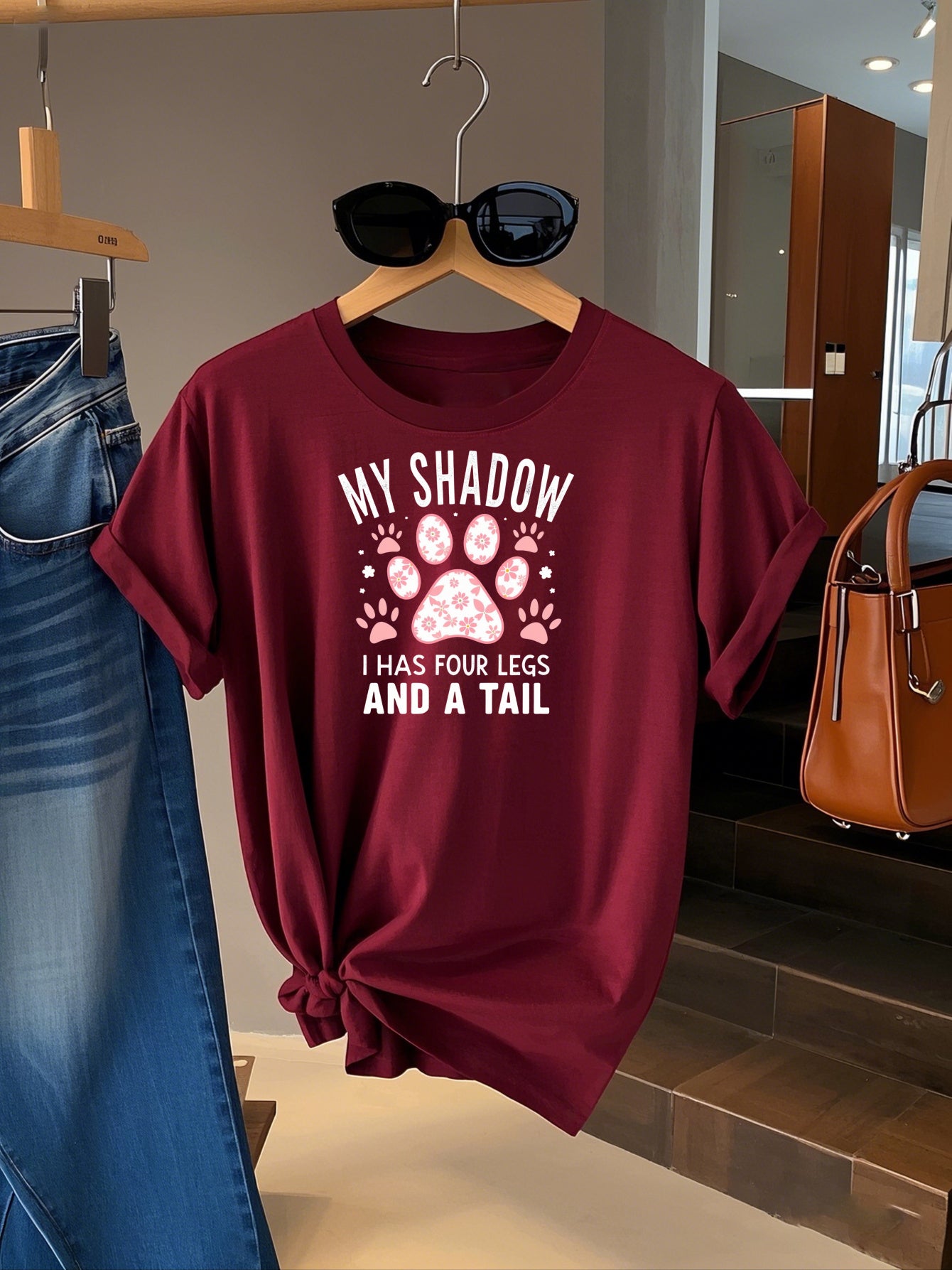 Funny Dog Mom Graphic Tee – “My Shadow Is Bigger Than Your Tail” Paw Print Shirt