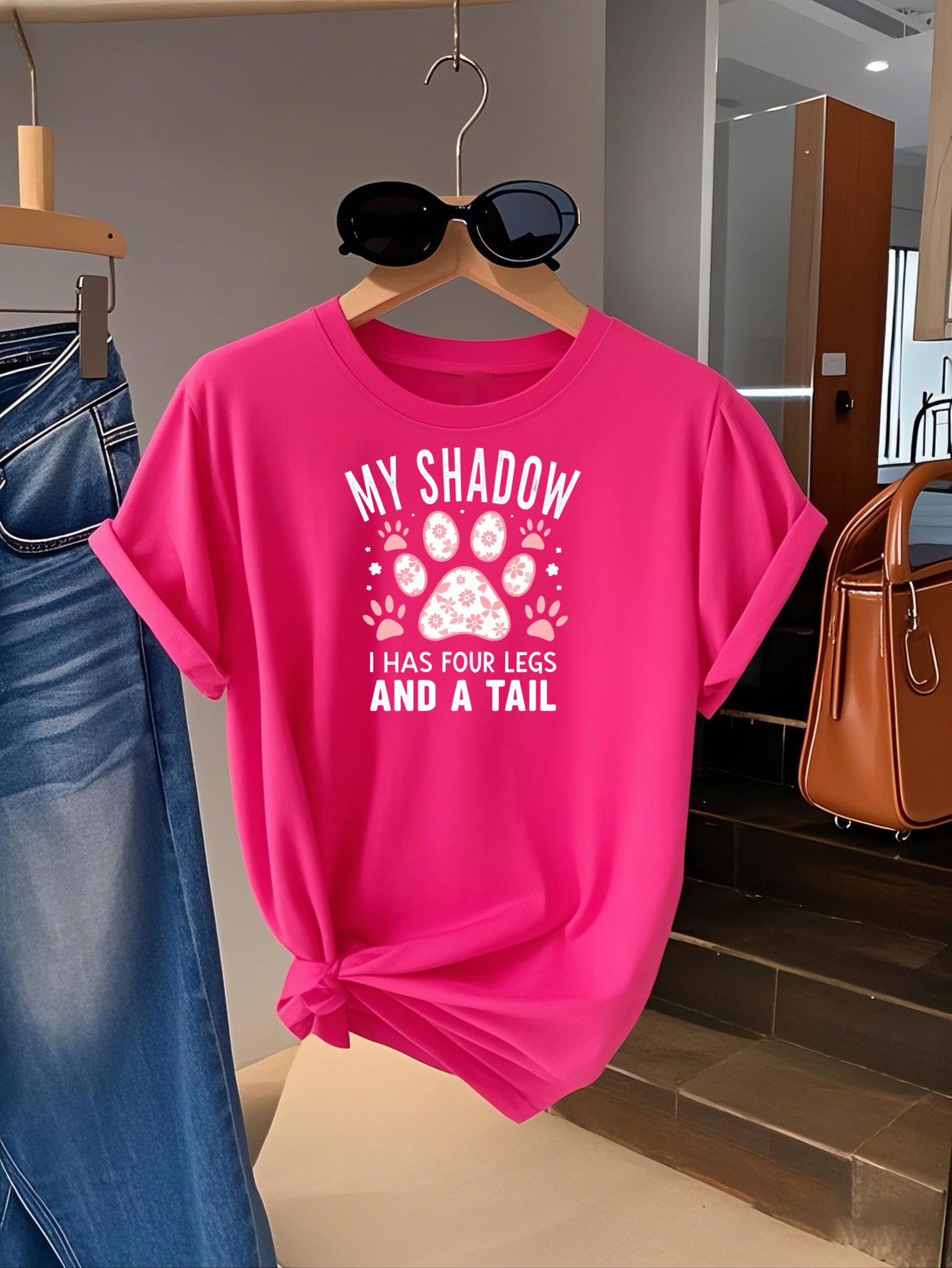 Funny Dog Mom Graphic Tee – “My Shadow Is Bigger Than Your Tail” Paw Print Shirt