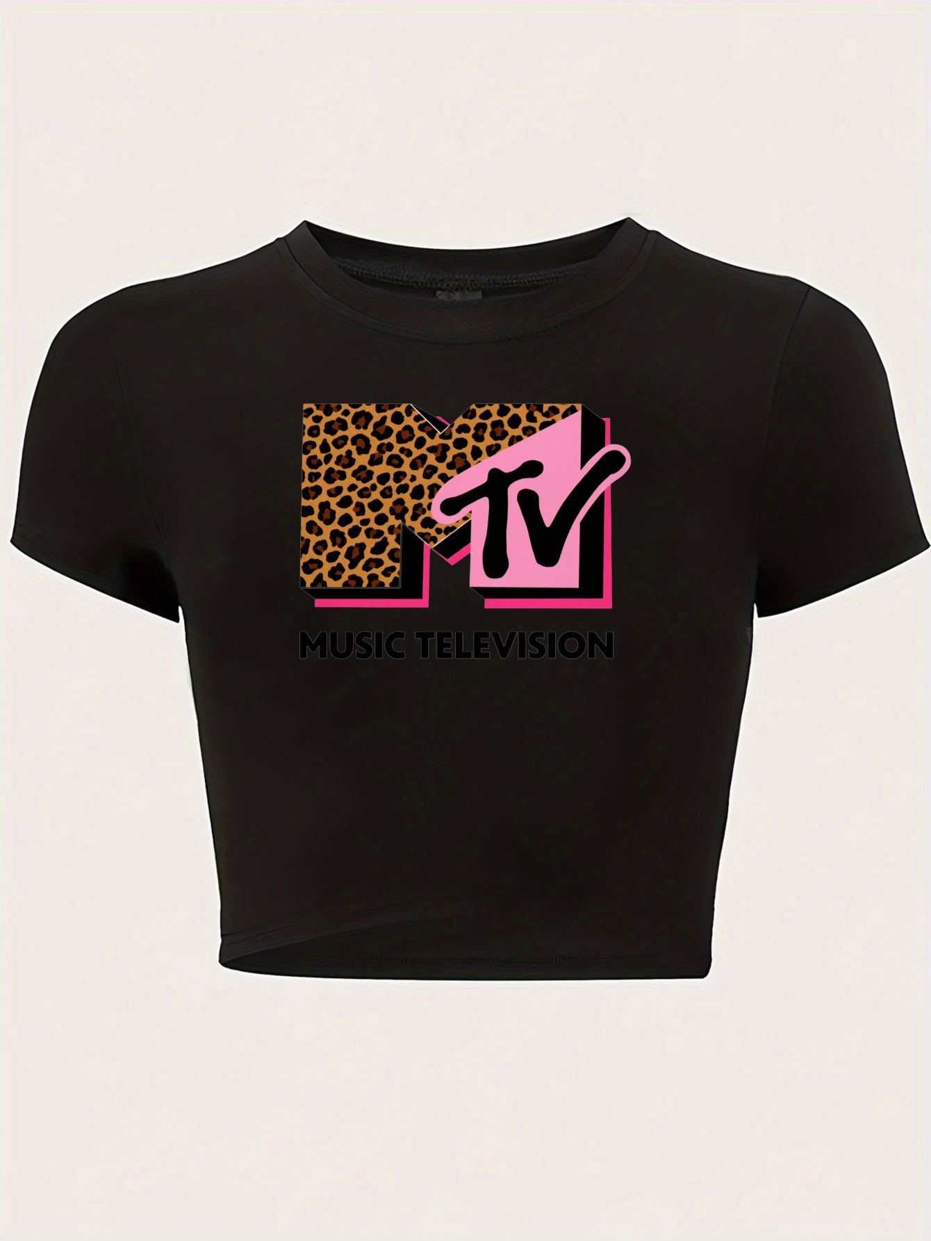 Women's Y2K Graphic Crop Top – Pastel Pink Slim Fit Tee with MTV Logo &amp; Leopard Print Design