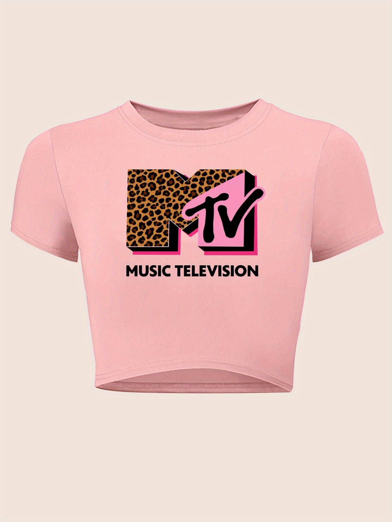 Women's Y2K Graphic Crop Top – Pastel Pink Slim Fit Tee with MTV Logo &amp; Leopard Print Design