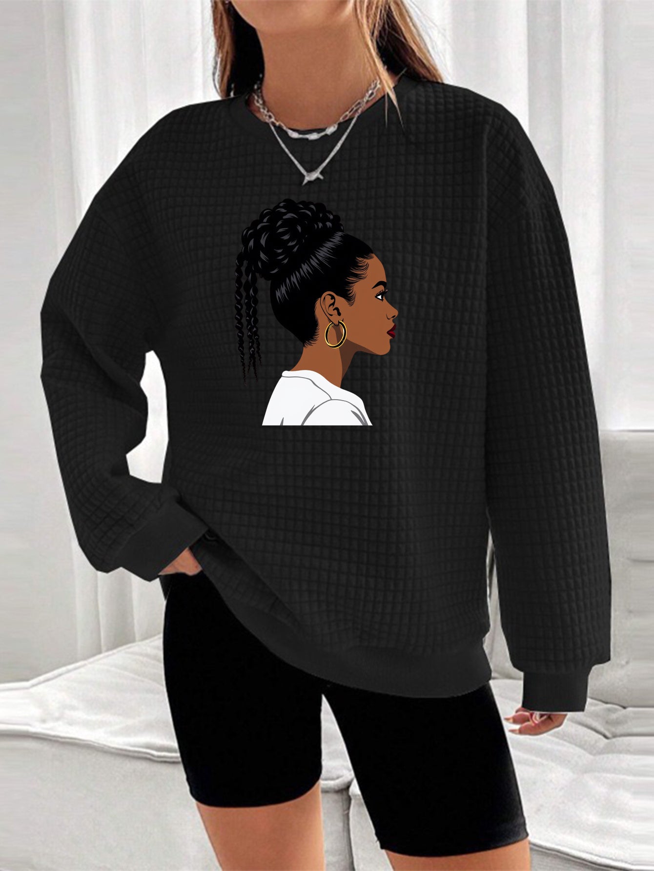 Abstract Face Graphic Waffle Knit Sweatshirt - Oversized Pullover
