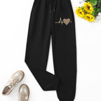 "Love" Heartbeat Graphic Joggers - Black Drawstring Pants