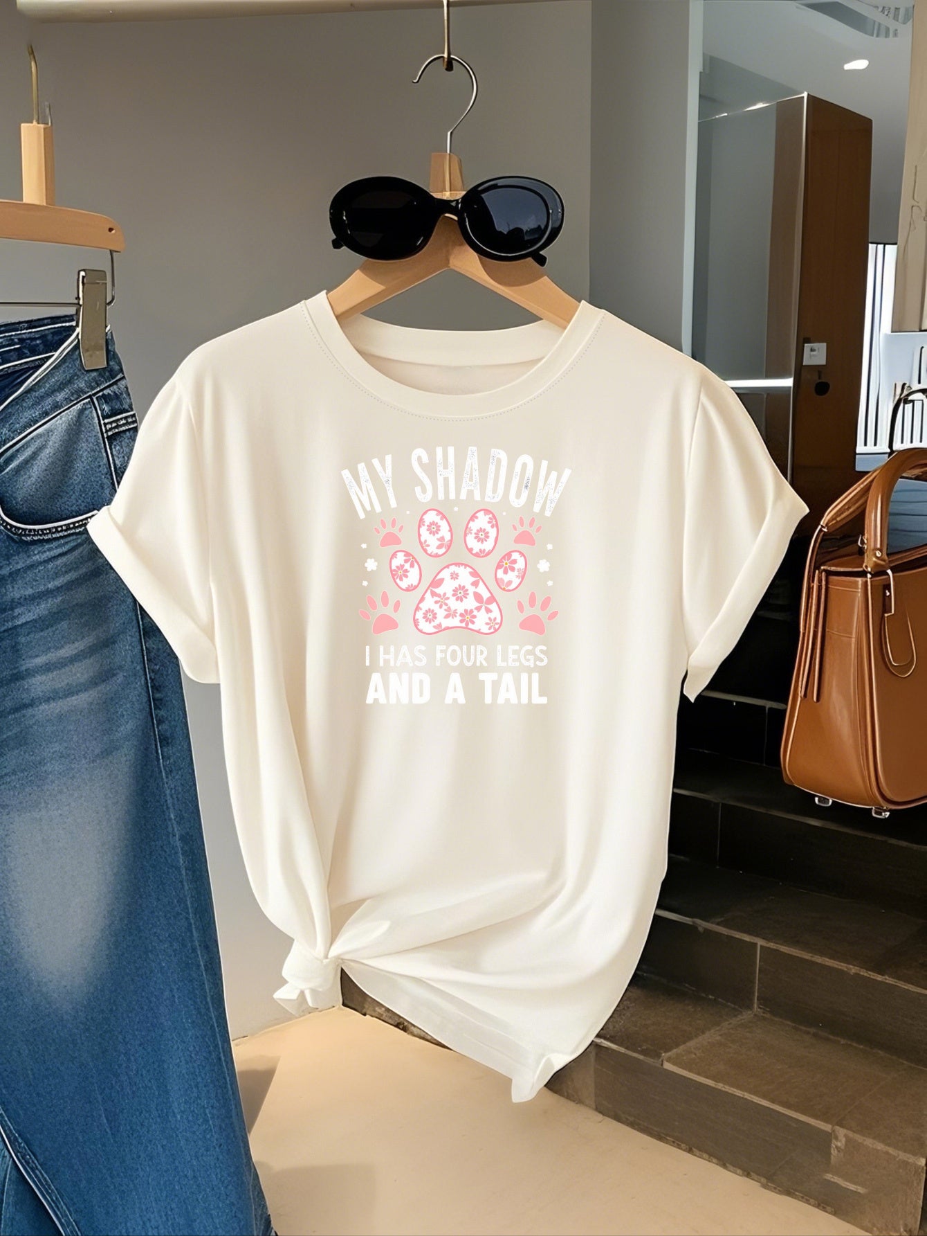 Funny Dog Mom Graphic Tee – “My Shadow Is Bigger Than Your Tail” Paw Print Shirt