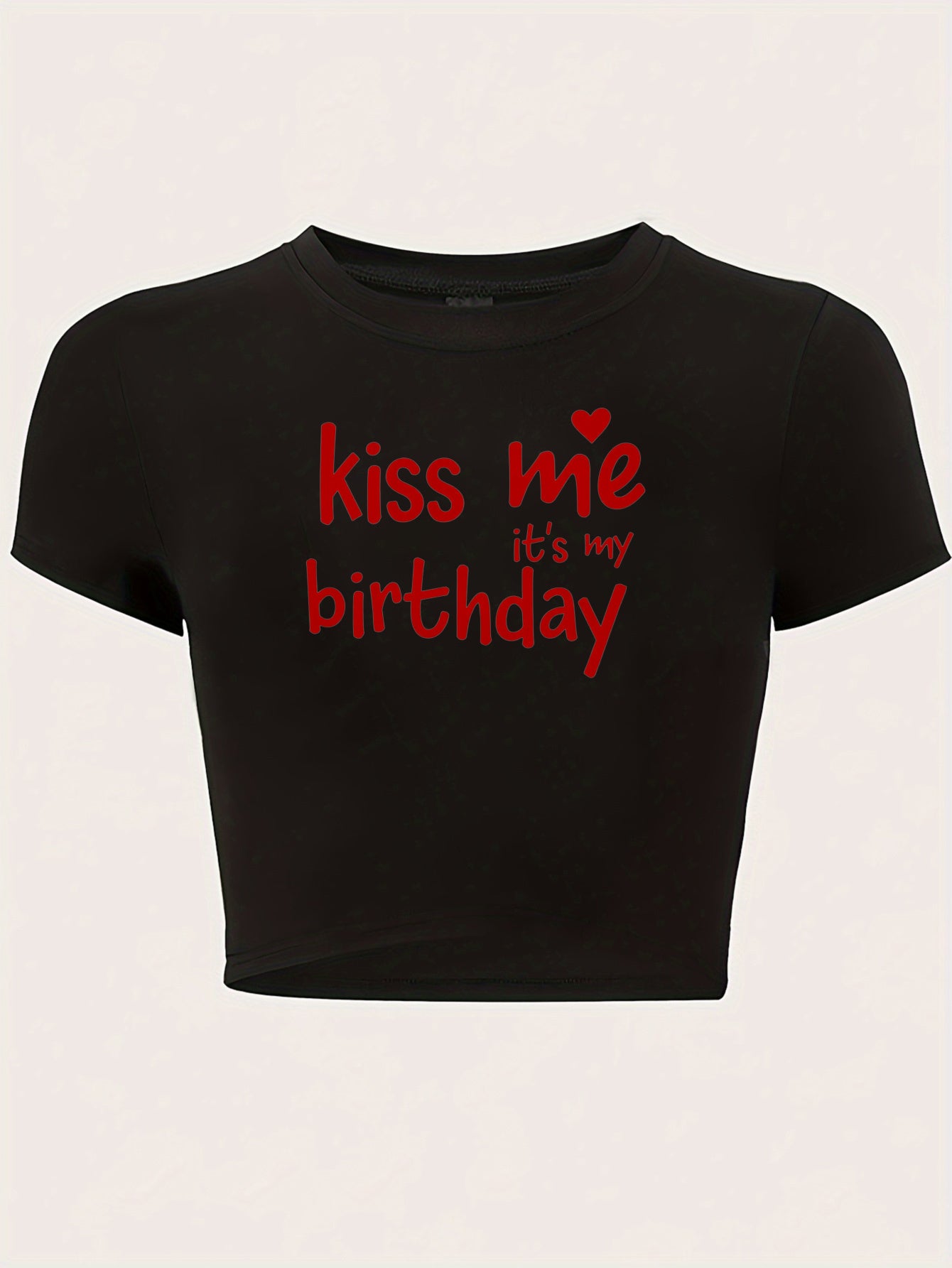Women’s “KISS ME IT’s MY BIRTHDAY” Y2K Graphic Crop Top – Black Slim Fit Tee with Heart Design
