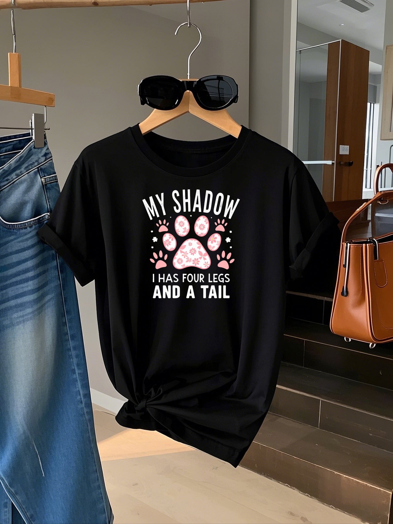 Funny Dog Mom Graphic Tee – “My Shadow Is Bigger Than Your Tail” Paw Print Shirt